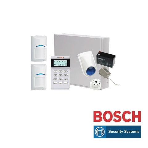 BOSCH home alarm kit including a control panel, code pad, two PIR sensors, backup battery, slimline siren, and piezo element.